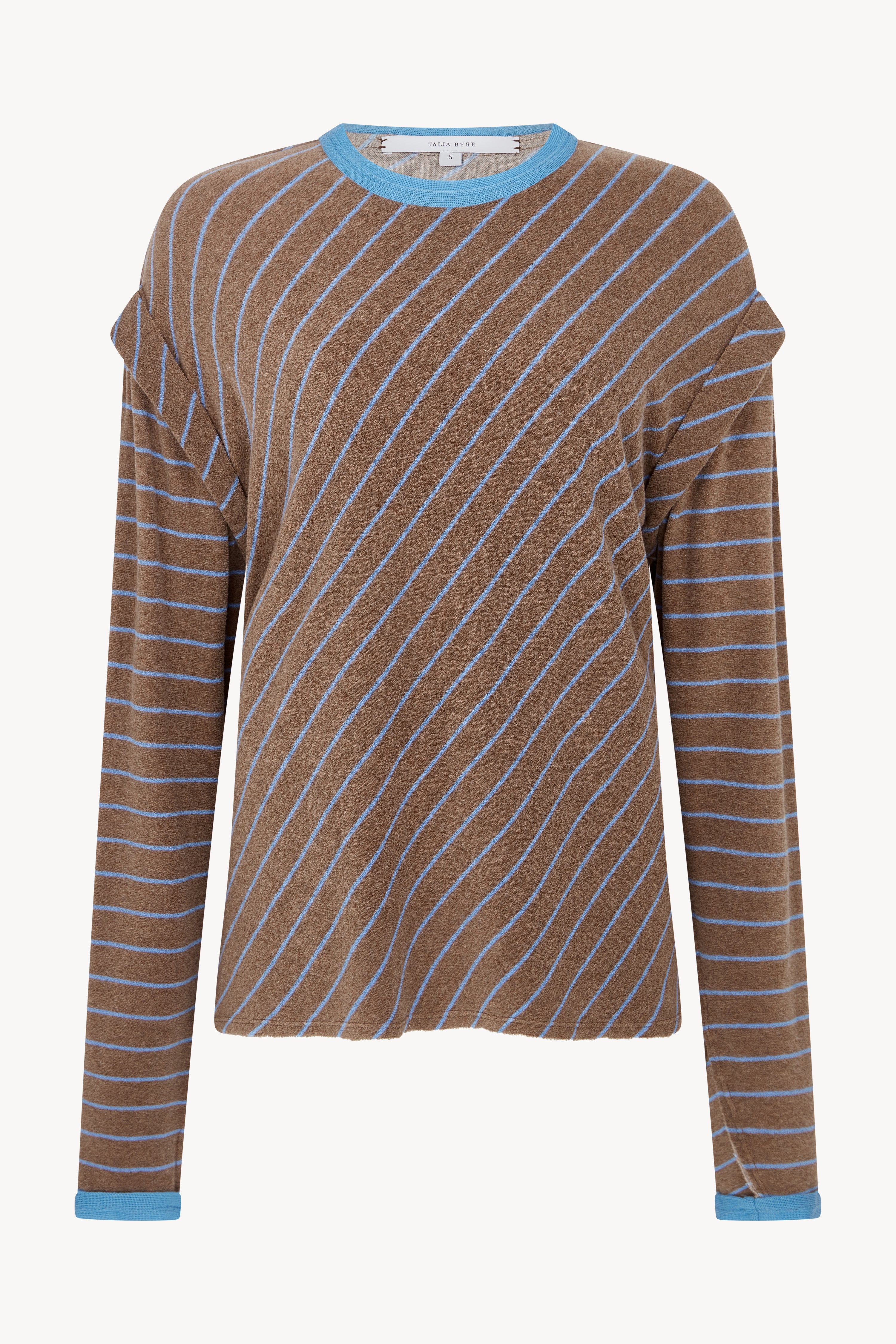 BLUE AND BROWN STRIPED CREW NECK T-SHIRT