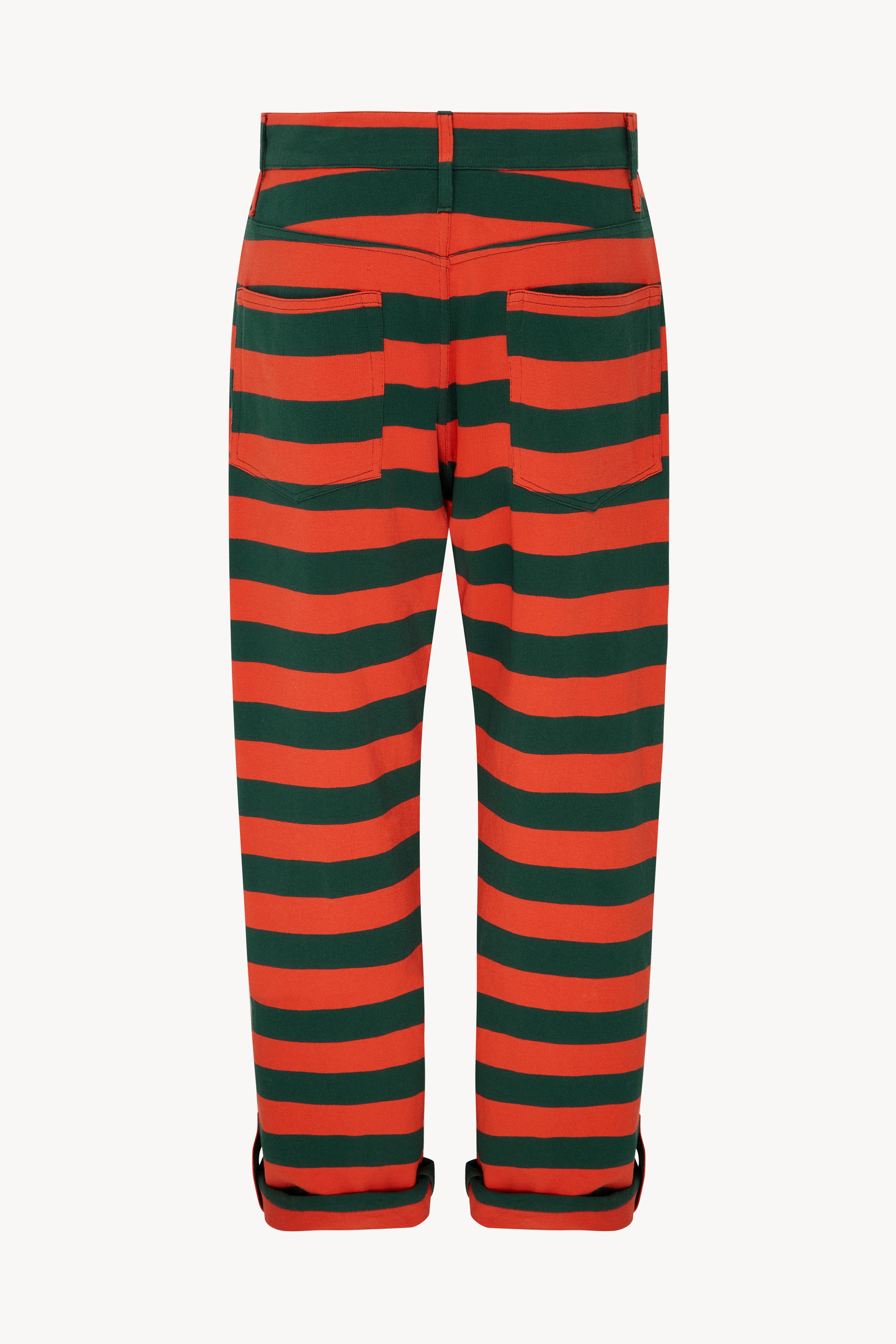 TOMATO RED AND GREEN STRIPED CARGO ROLL UP TROUSERS